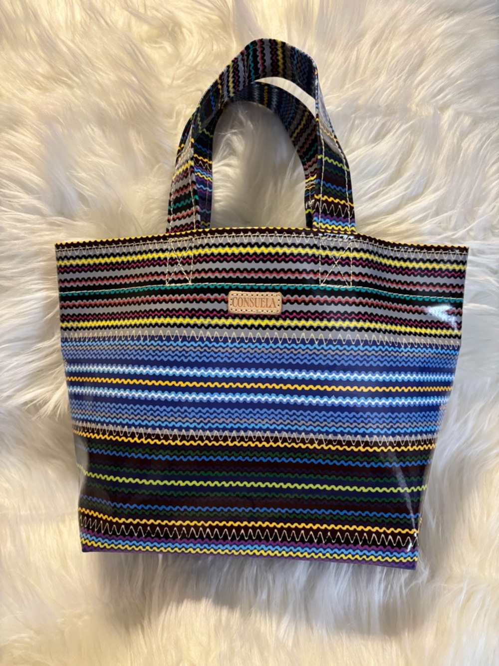 Consuela Multicolor Zigzag Vinyl Tote - Blue, Yellow, Green, Pink